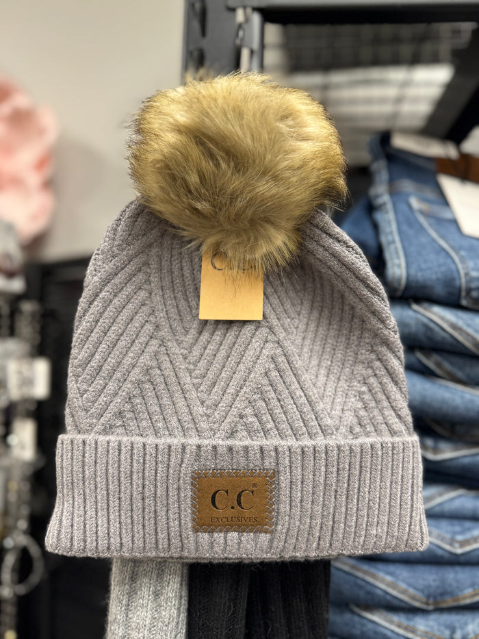 CC Large Patch Heathered Pom Beanie - Posh West Boutique