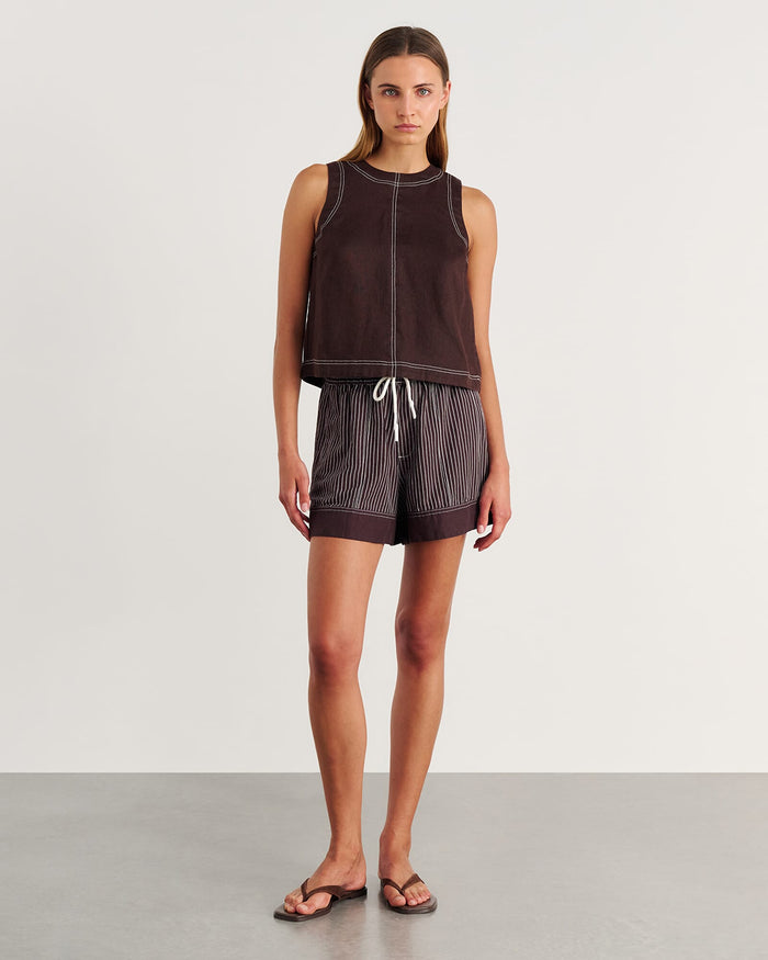 JAG ann linen open back top darkchocolate