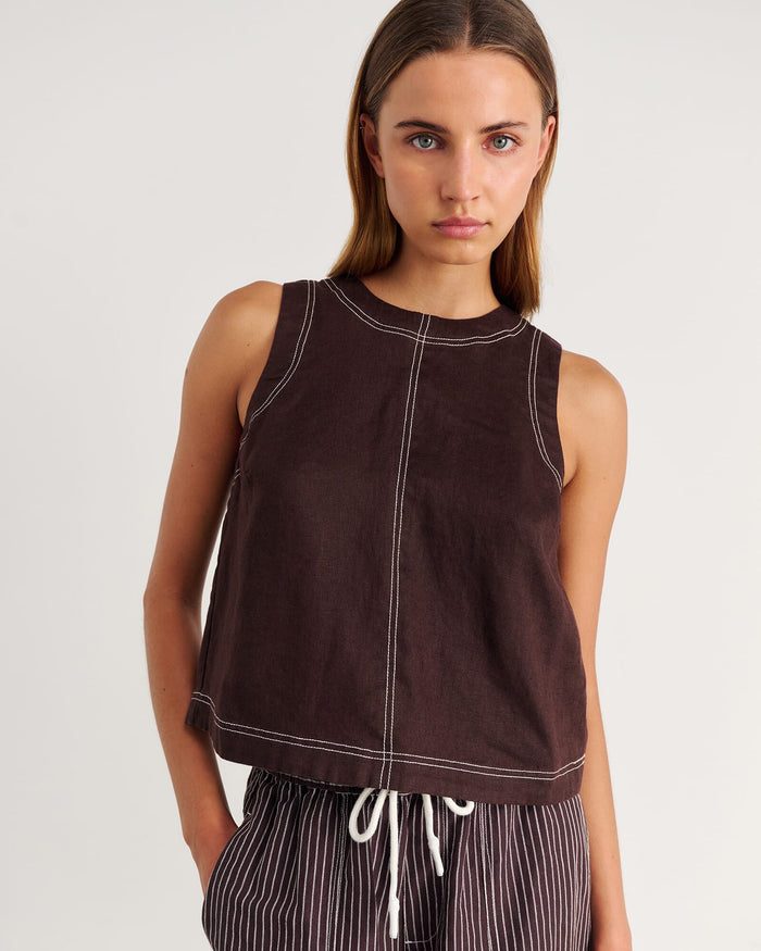 JAG ann linen open back top darkchocolate