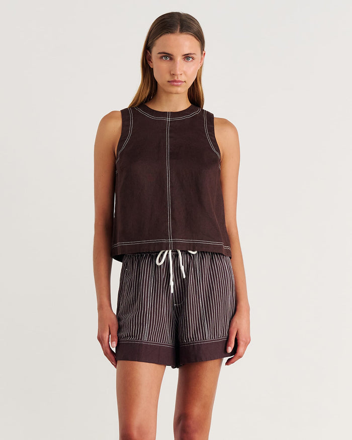 JAG ann linen open back top darkchocolate
