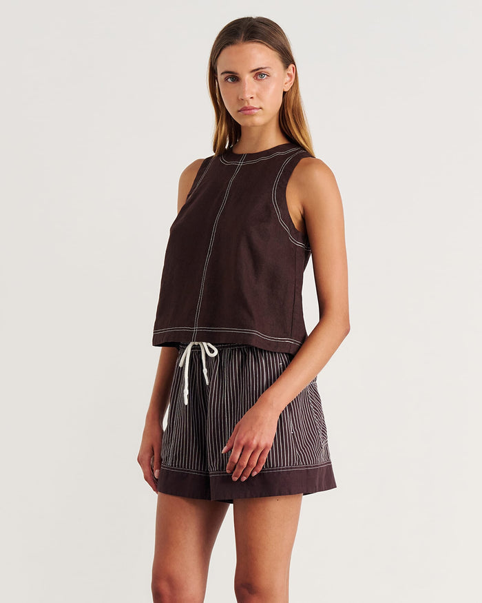 JAG ann linen open back top darkchocolate