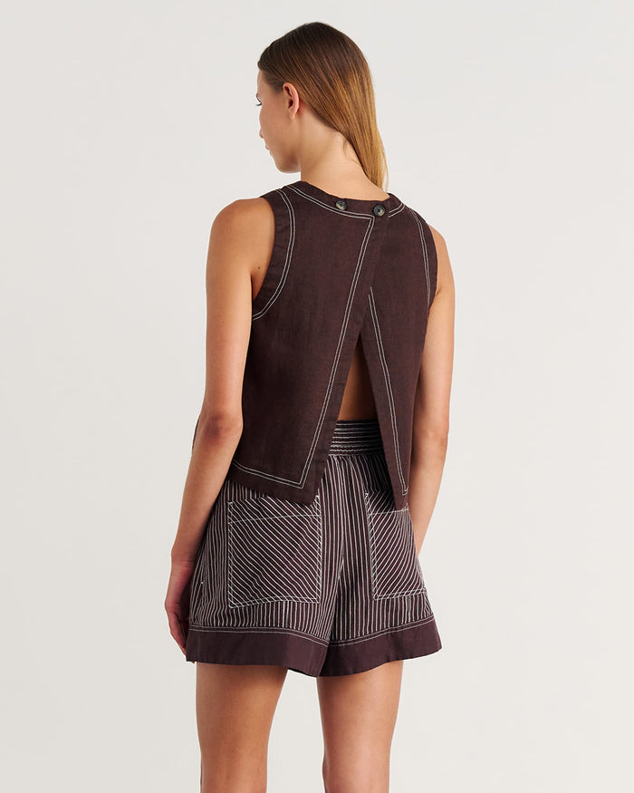 JAG ann linen open back top darkchocolate