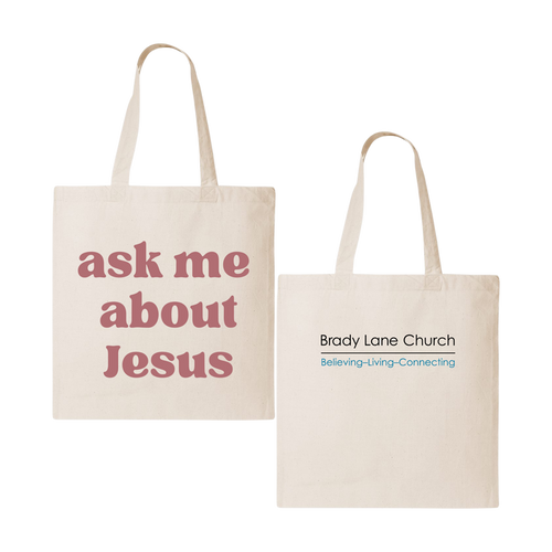 "Ask me about Jesus" Large Tote Bag – Brady Lane Church