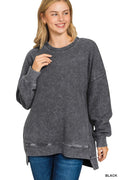Black Acid Washed Double Ribbed Pullover - Posh West Boutique