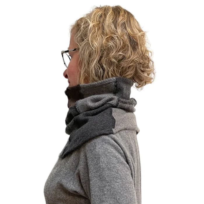 Person wearing a gray scarf with a white background