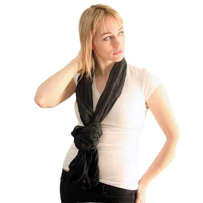 Woman wearing a black scarf around her neck on a white background