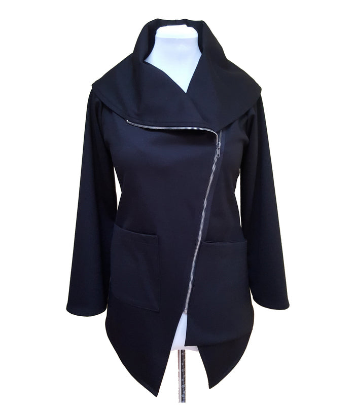 Black Knit Asymmetrical Moto Jacket Silver Zip Tencel