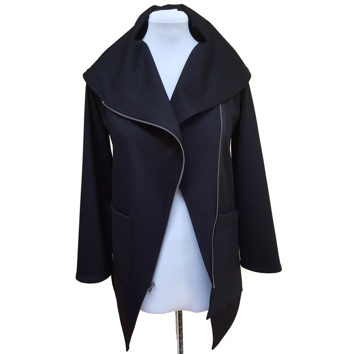 Black Knit Asymmetrical Moto Jacket Silver Zip Tencel wide look