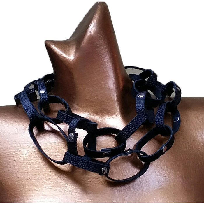 Black Leather Loop Necklace 25 Inch Silver Rivets