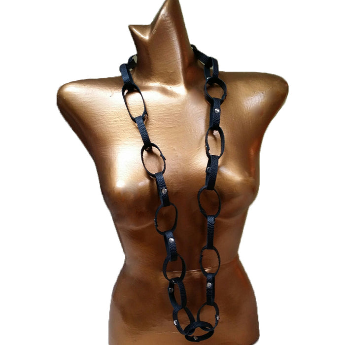 Black Leather Loop Necklace 25 Inch Silver Rivets wide look