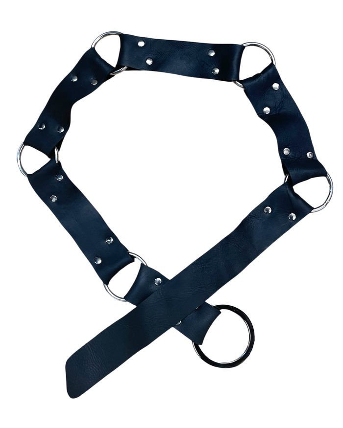 Black Leather Ring Belt Silver Rivets Reversible