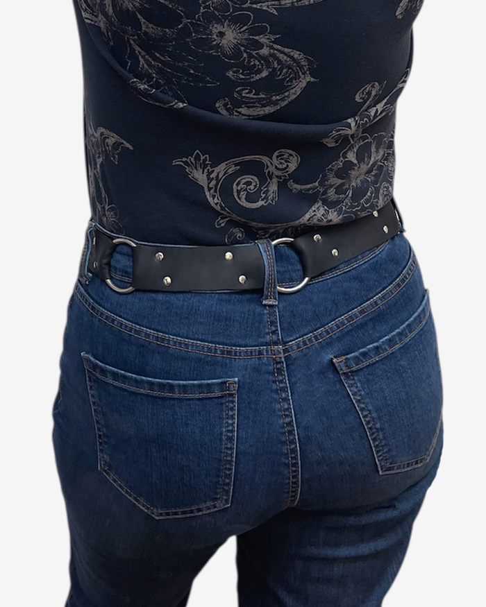 Black Leather Ring Belt Silver Rivets Reversible back side