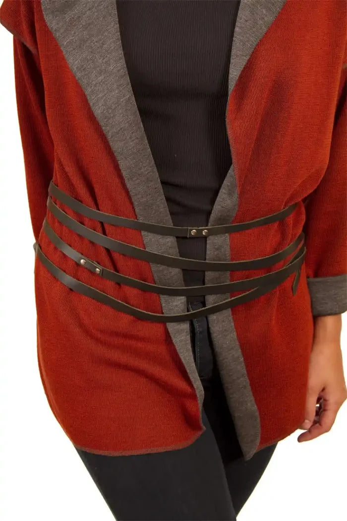 Red cardigan with gray trim and brown belt on a white background