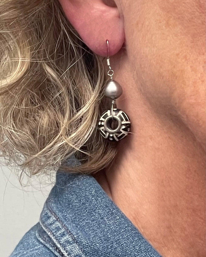Black White Batik Bone Doughnut Earrings Freshwater Pearl