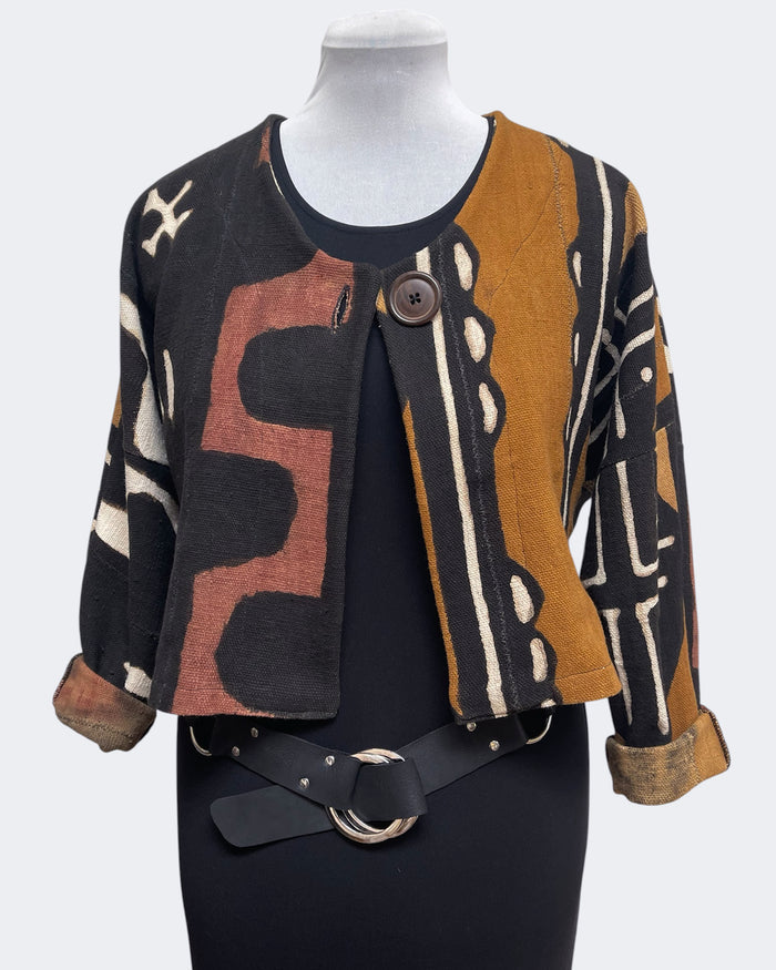Black White Rust Mud Cloth Bolero Jacket Horn Button