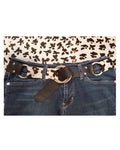 Leopard print shirt with a black belt and blue jeans on a white background