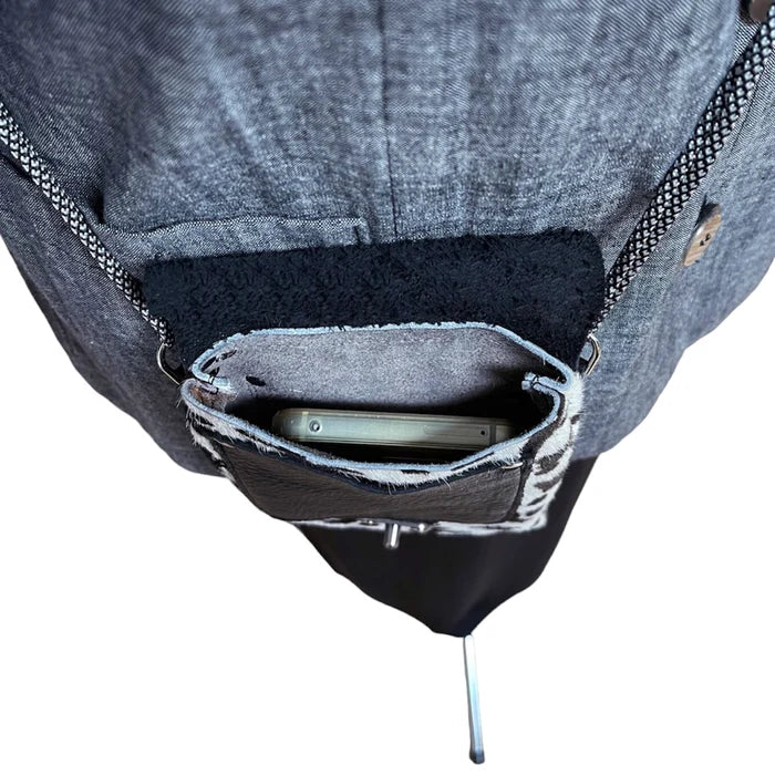 Close-up of a gray backpack with a pocket containing a smartphone on a white background