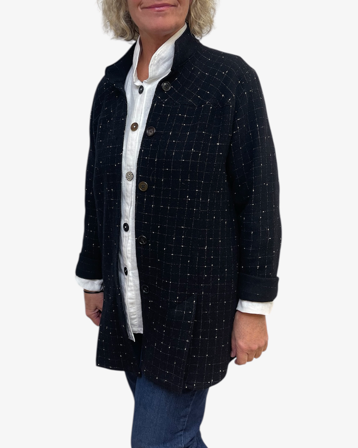 Black White Windowpane Wool Blend A-Line Jacket Vents side look