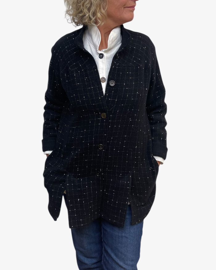 Black White Windowpane Wool Blend A-Line Jacket Vents close look