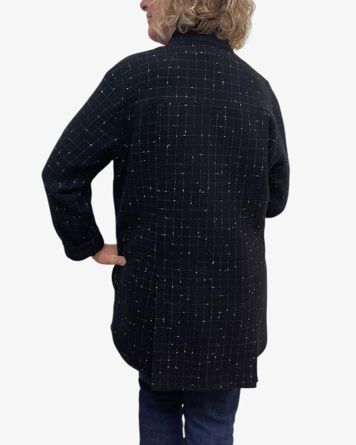 Black White Windowpane Wool Blend A-Line Jacket Vents back look