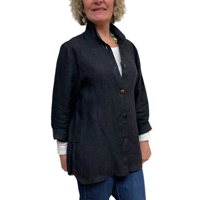 Person wearing a dark jacket with buttons on a white background