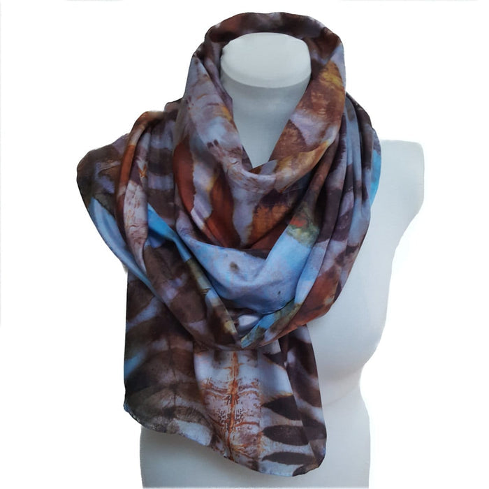 Blue Maroon Eco Print Silk Scarf Black Walnut Botanical