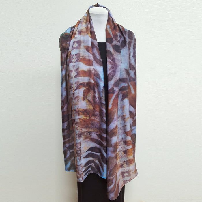 Blue Maroon Eco Print Silk Scarf Black Walnut Botanical wide look