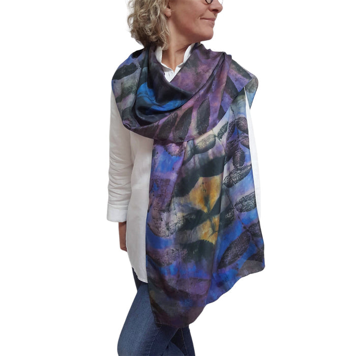 Blue Purple Eco Print Silk Scarf Black Walnut | Engayla