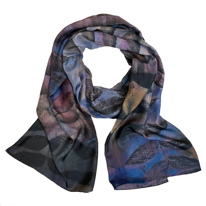 Blue Purple Eco Print Silk Scarf Black Walnut | Engayla