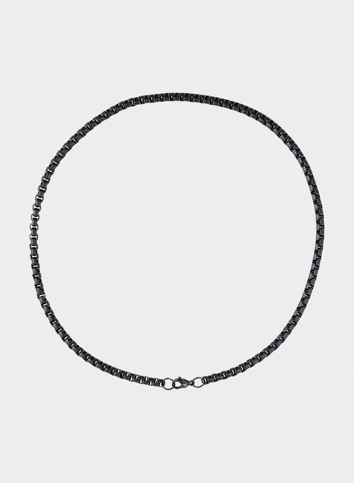black PVD coated box chain necklace with lasered logo lobster clasp