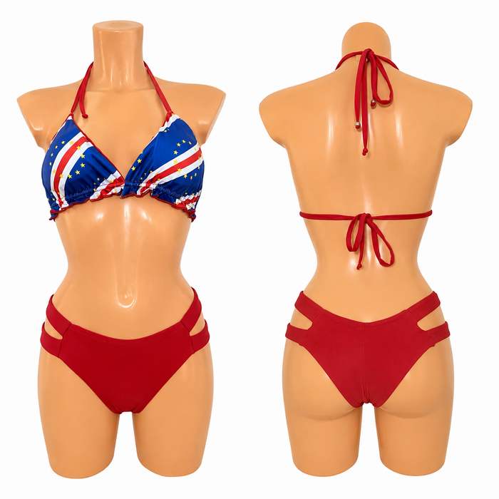 🇨🇻Cape Verde Flag Triangle Bikini Set – Red Cut-Out Bottom can be use 2 side