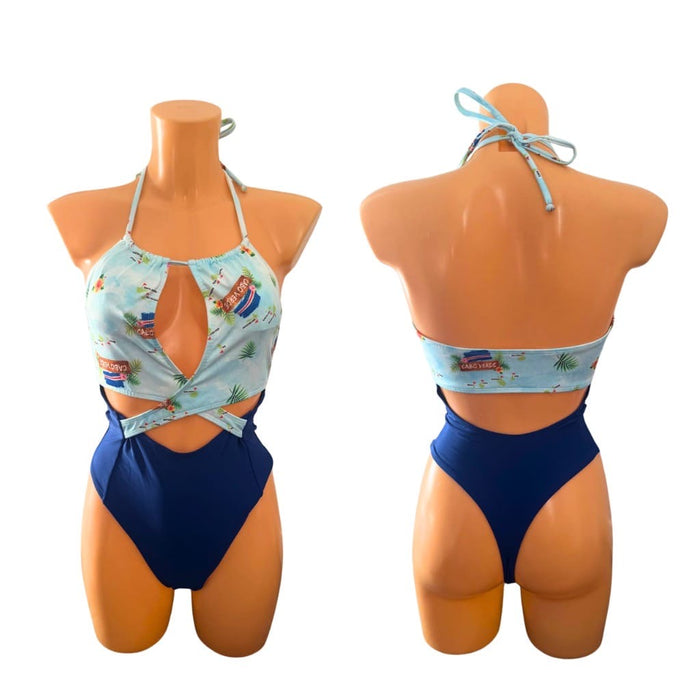 🇨🇻 Cape Verde One Piece Swimsuit – Blue & Light Print Monokini, Women’s