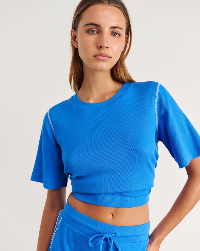JAG celina blanket stitch tee brightblue