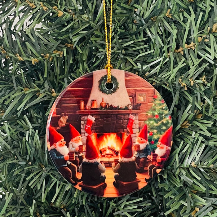 Ceramic Ornament, Gnomes by the Fire