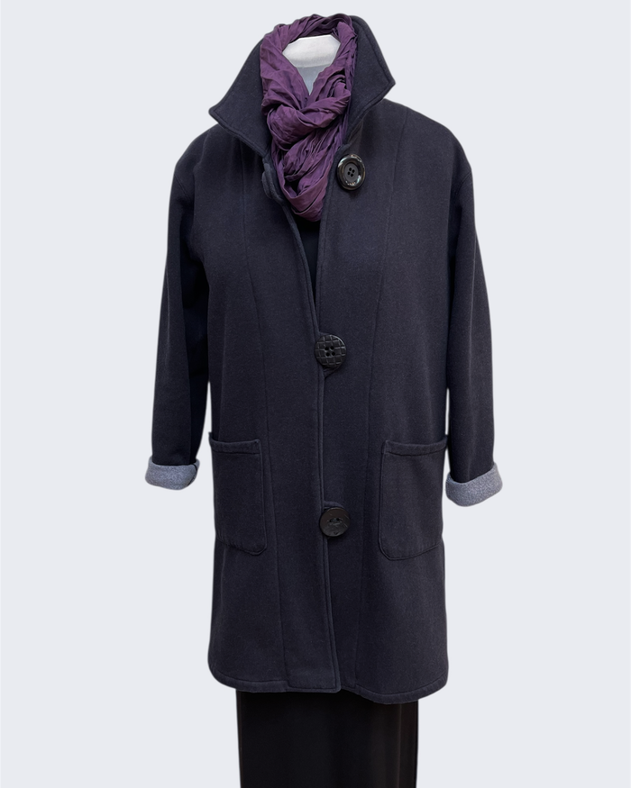 Charcoal Hand-Dyed Cotton Fleece Long Jacket Button Loop