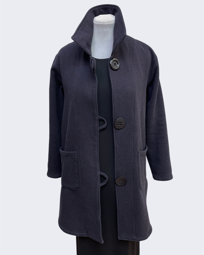 Charcoal Hand-Dyed Cotton Fleece Long Jacket Button Loop
