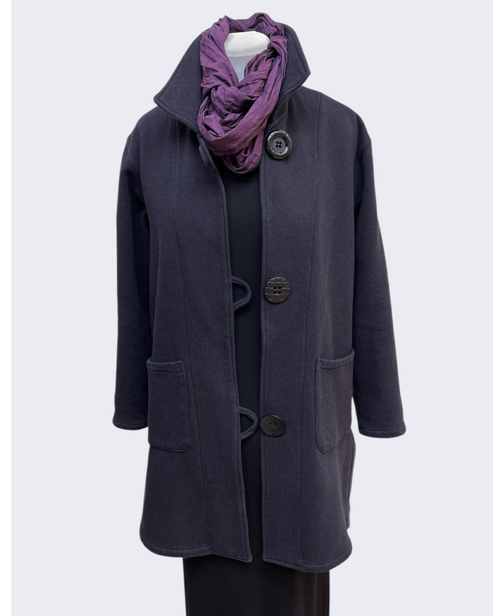 Charcoal Hand-Dyed Cotton Fleece Long Jacket Button Loop