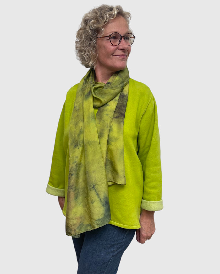 Chartreuse hand dyed cotton sweatshirt tunic with eco printed silk scarf