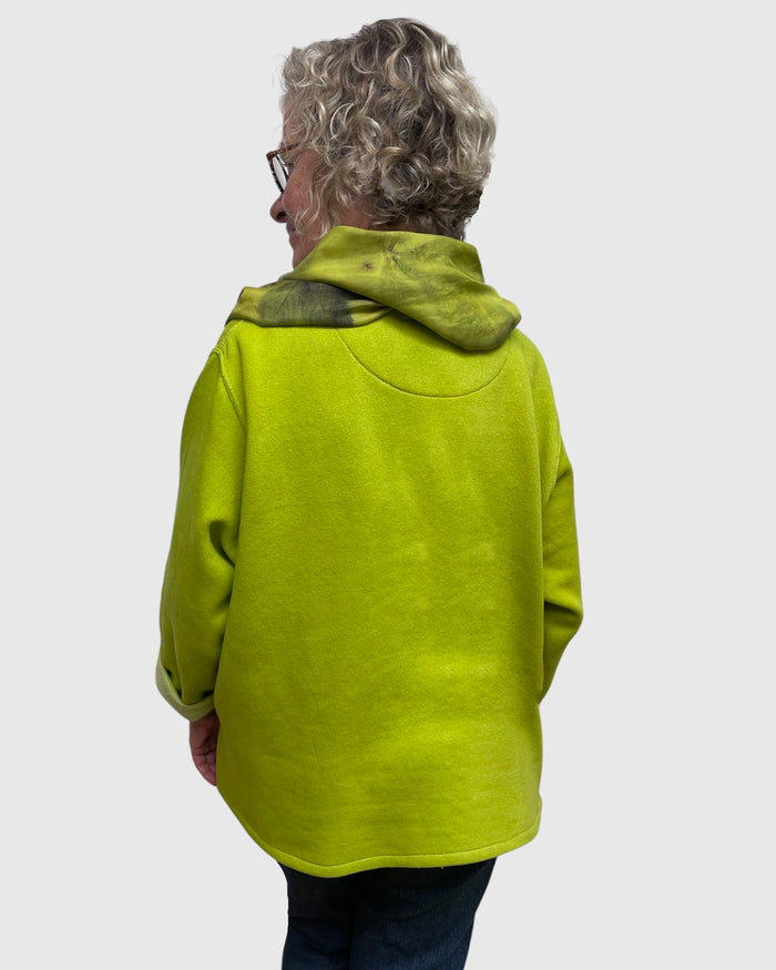Back view of chartreuse hi lo hem sweatshirt tunic, hand dyed in Seattle