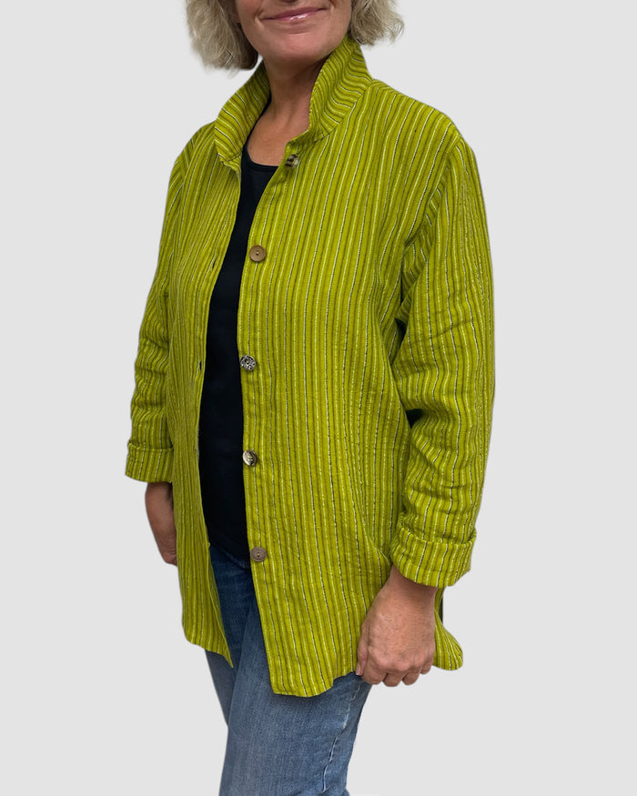 Chartreuse Hand Dyed Linen Big Shirt Upcycled Buttons front look
