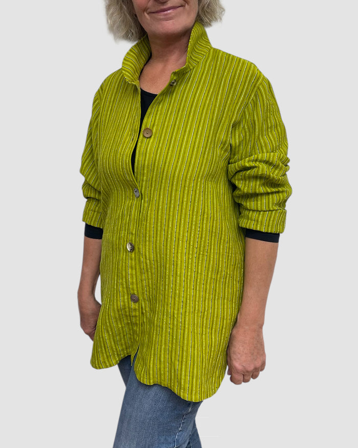 Chartreuse Hand Dyed Linen Big Shirt Upcycled Buttons close look