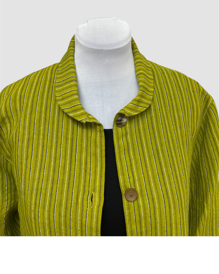 Green textured jacket on a mannequin against a white background