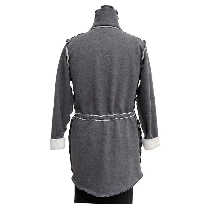 Gray coat with white trim on a mannequin against a white background