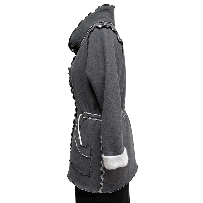 Gray hooded jacket with decorative elements on a white background