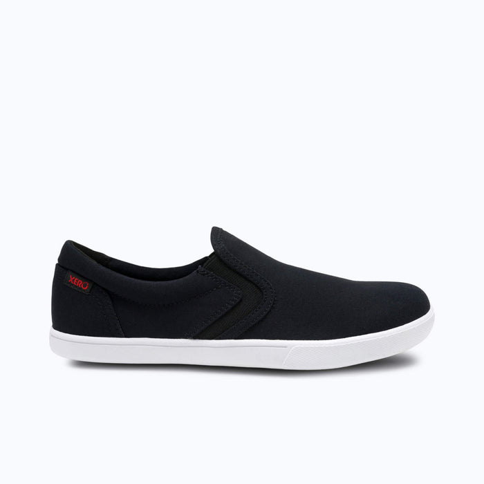 Xero Shoes Dillon Canvas Slip-On Women Sneaker in Black with a White Sole, Toe Facing Right