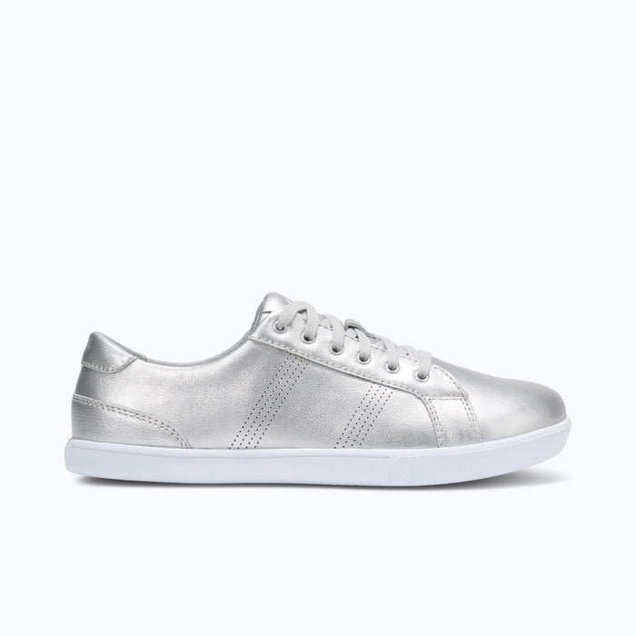 Xero Shoes Dillon Leather Women Shoe in Silver with Toe Facing Right