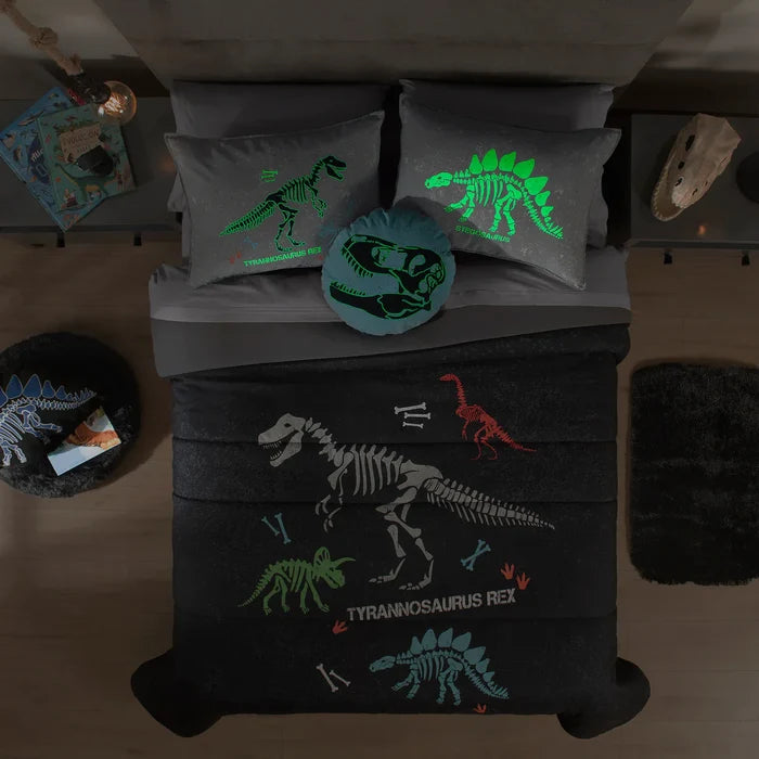 DINOSAURS SHINE IN THE DARKNESS SOFT TEXTURE REVERSIBLE COMFORTER SET 4 PCS QUEEN SIZE MADE IN MEXICO