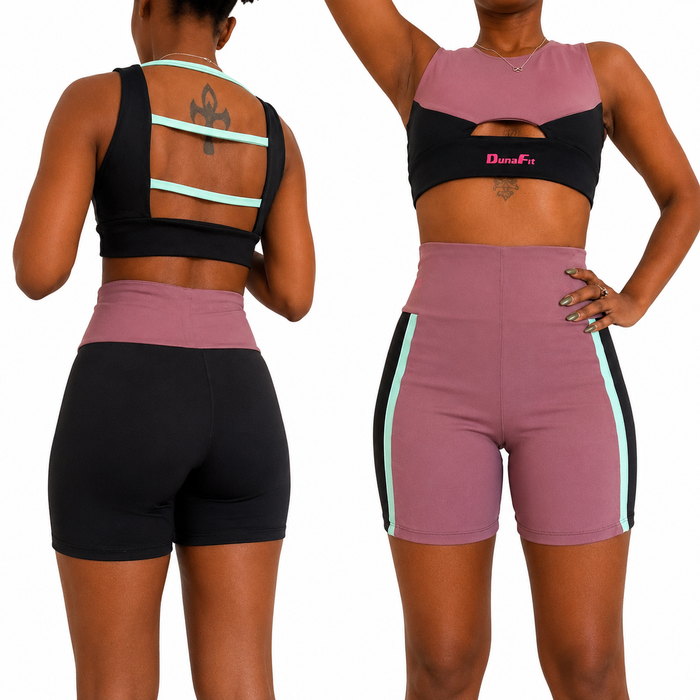 DunaFit Women's 2 Piece Gym Set Crop Top High Waist Shorts Mauve Black