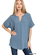 Dusty Blue V-neck Boxy Top - Posh West Boutique