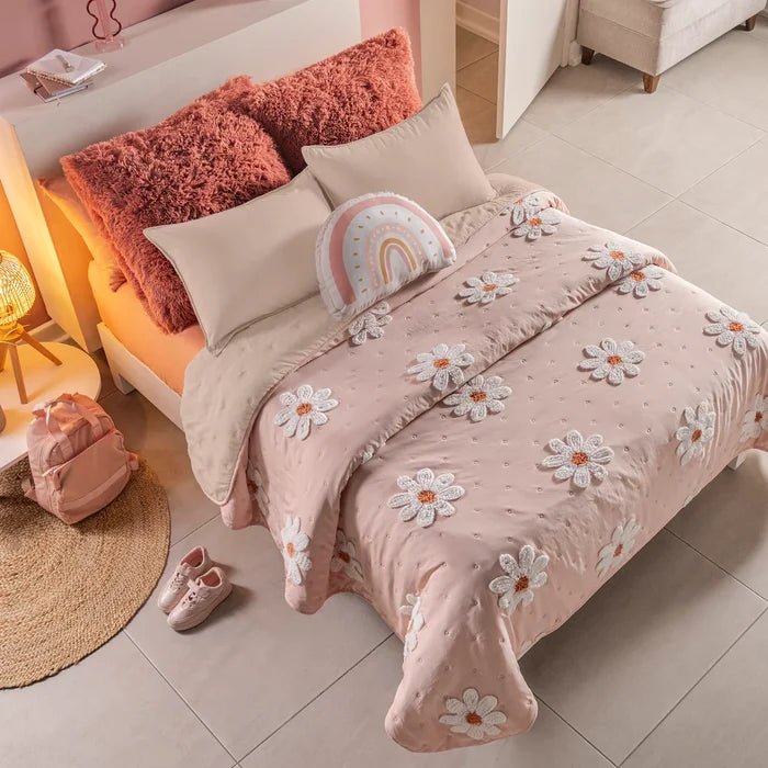 FLORENCIA FLOWERS EMBROIDERY TEXTURE REVERSIBLE COMFORTER SET 3 PCS TWIN SIZE MADE IN MEXICO